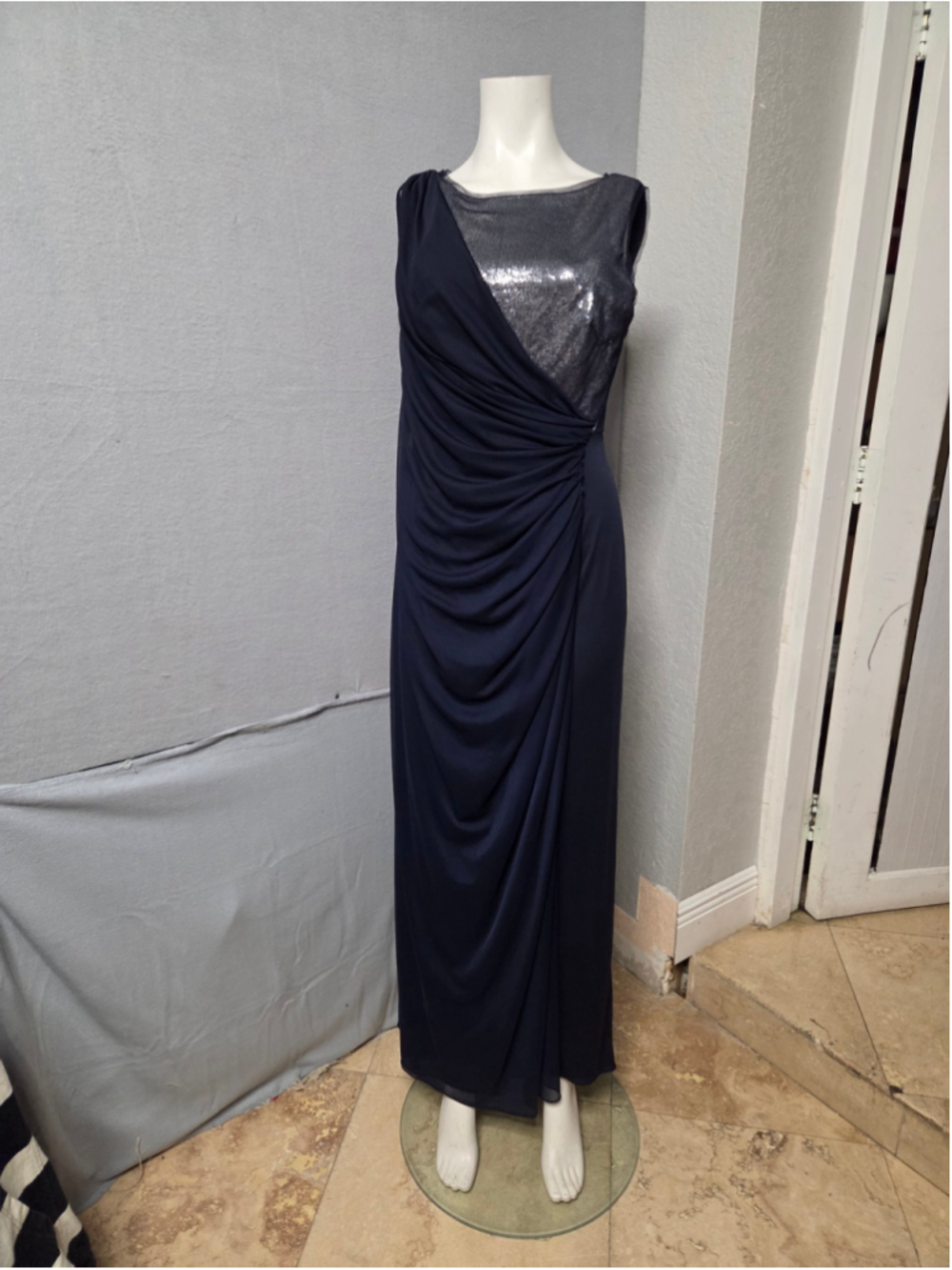 Women's Adrianna Papell Evening Maxi Dress 12P Navy Silver Sequin p2p 18 in